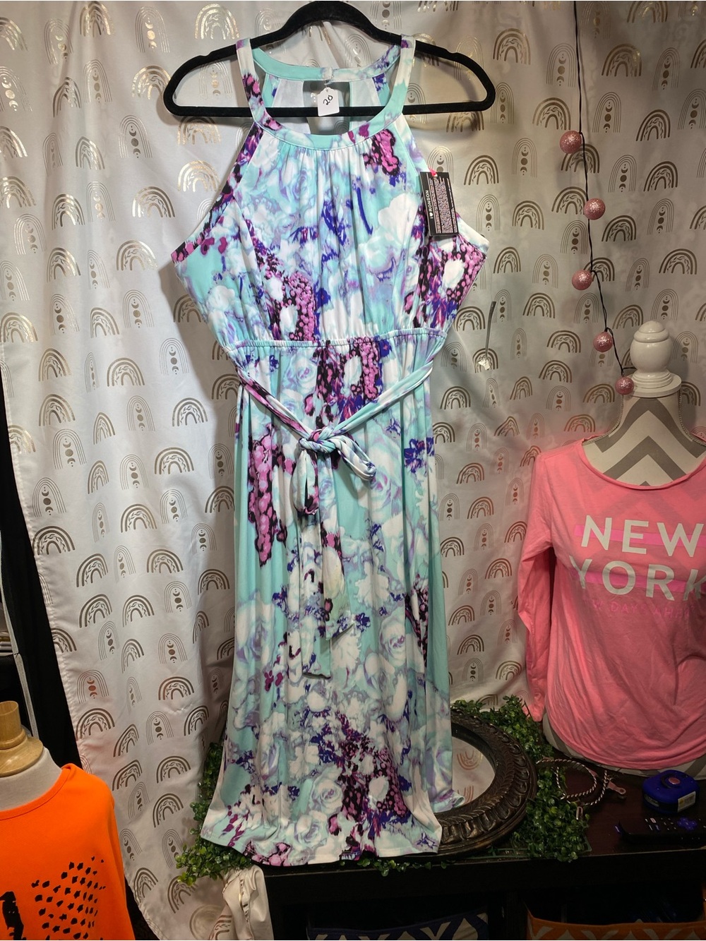 I Heart Ronson Aqua Floral Halter Midi Dress with Purple Accents